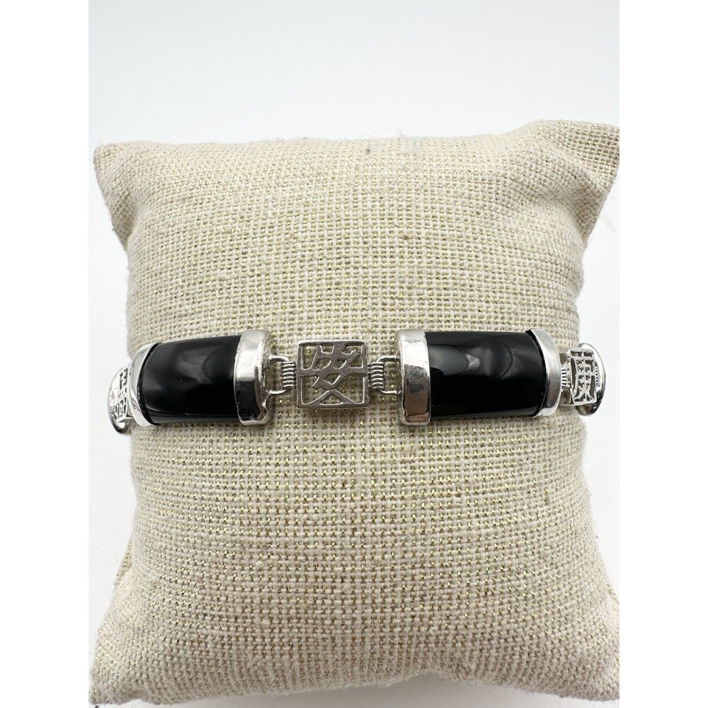 Vintage 18k Gold Plated Black Onyx Chinese Character Bracelet 7.25”